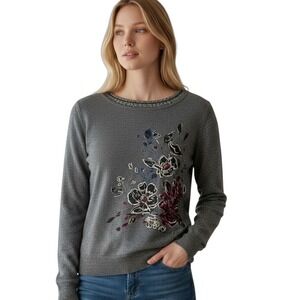 White House Black Market Gray Floral Sweater